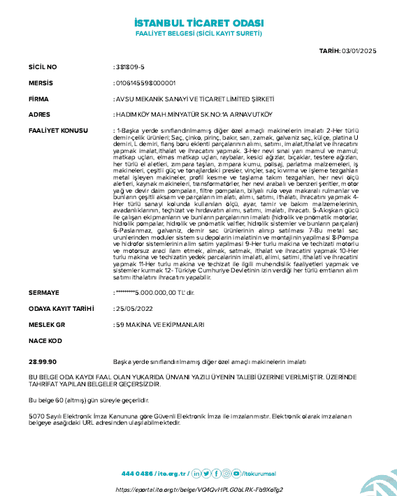 2025 modüler su deposu faaliyet belgesi örneği