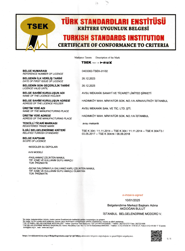 Modüler su deposu TSE sertifikası